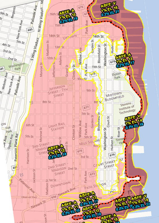 Dark red indicates FEMA's Coastal High Hazard Zone for the Hudson River/Hoboken area.