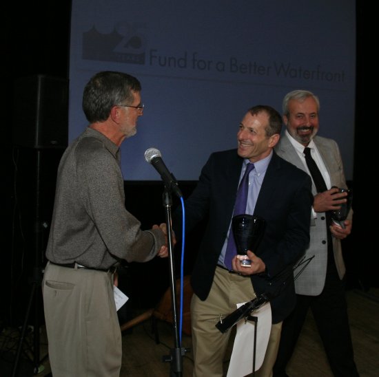 Daniel Gans and George Vallone receiving the FBW Riparian Award from Ron HIne.