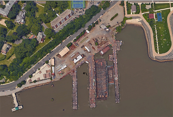 Union Dry Dock is one of the final missing links for Hoboken's linear waterfront park. As public open space, it would connect Castle Point Park (far left at waterfront) with Maxwell Place Park (far right).